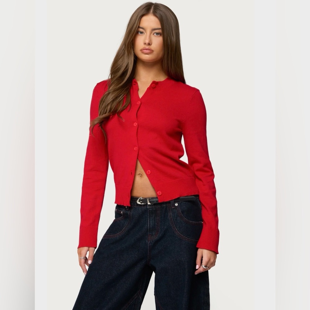 100% Cotton Red Button-Front Ribbed Cardigan Sweater - Women